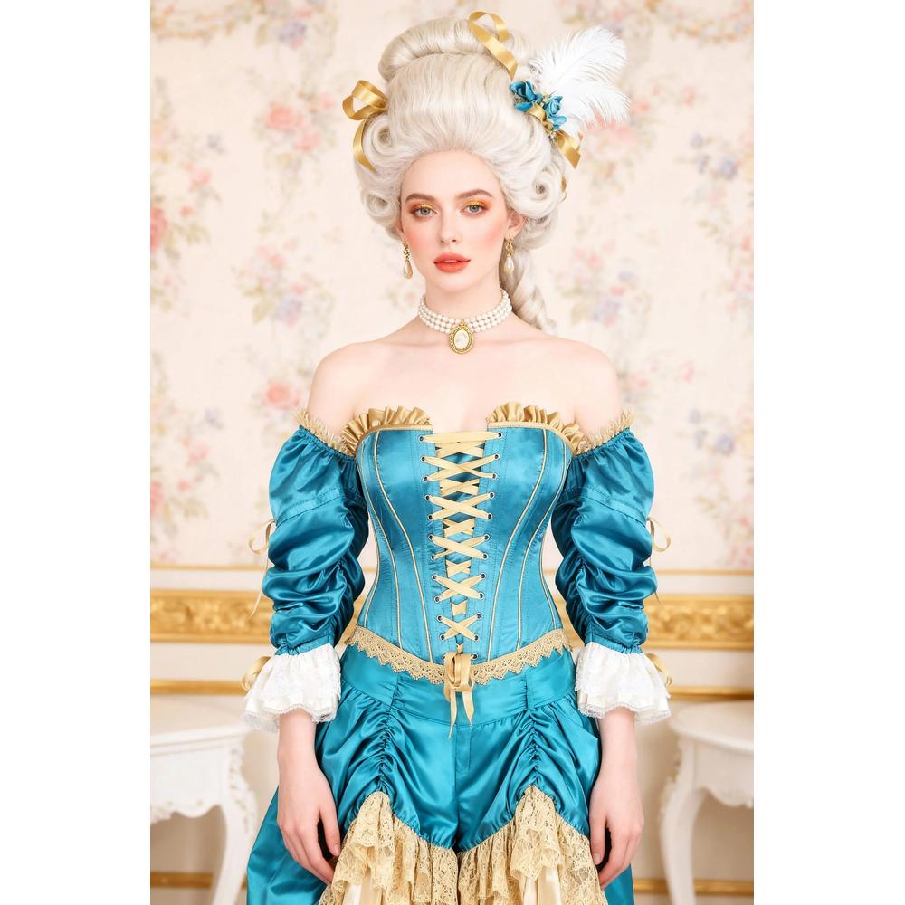 Attitude Corsets - Tamryn Rococo Satin Vollbrust Korsett - Blau/Goldfarben